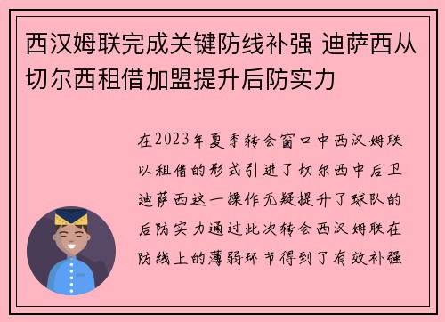 西汉姆联完成关键防线补强 迪萨西从切尔西租借加盟提升后防实力 西汉姆联完成关键防线补强 迪萨西从切尔西租借加盟提升后防实力