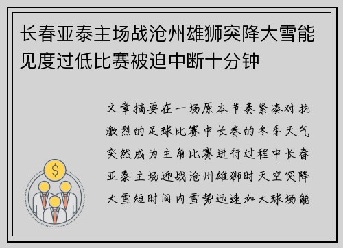 长春亚泰主场战沧州雄狮突降大雪能见度过低比赛被迫中断十分钟
